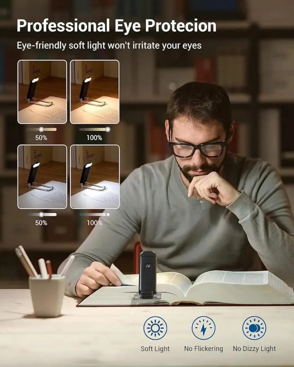 Book Lamp for Students, USB Rechargeable LED Study Light, 3 Light Modes, Clip-On, Portable & Eye-Friendly